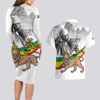 Adwa Victory Day Couples Matching Long Sleeve Bodycon Dress and Hawaiian Shirt Menelik II and Mount Soloda - Lion Of Judah