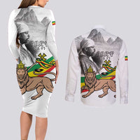 Adwa Victory Day Couples Matching Long Sleeve Bodycon Dress and Long Sleeve Button Shirt Menelik II and Mount Soloda - Lion Of Judah