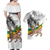 Adwa Victory Day Couples Matching Off Shoulder Maxi Dress and Hawaiian Shirt Menelik II and Mount Soloda - Lion Of Judah