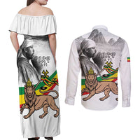 Adwa Victory Day Couples Matching Off Shoulder Maxi Dress and Long Sleeve Button Shirt Menelik II and Mount Soloda - Lion Of Judah
