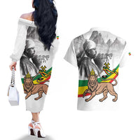 Adwa Victory Day Couples Matching Off The Shoulder Long Sleeve Dress and Hawaiian Shirt Menelik II and Mount Soloda - Lion Of Judah