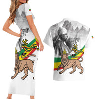 Adwa Victory Day Couples Matching Short Sleeve Bodycon Dress and Hawaiian Shirt Menelik II and Mount Soloda - Lion Of Judah
