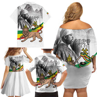 Adwa Victory Day Family Matching Off Shoulder Short Dress and Hawaiian Shirt Menelik II and Mount Soloda - Lion Of Judah