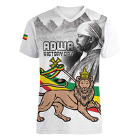 Adwa Victory Day Women V-Neck T-Shirt Menelik II and Mount Soloda - Lion Of Judah - Wonder Print Shop