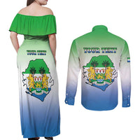 Personalised Sierra Leone Couples Matching Off Shoulder Maxi Dress and Long Sleeve Button Shirt Happy Independence Day