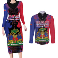 Personalised Haitian Heritage Month Couples Matching Long Sleeve Bodycon Dress and Long Sleeve Button Shirt Citadelle Laferriere Dashiki Pattern