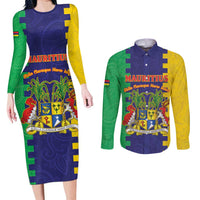 Personalised Mauritius Couples Matching Long Sleeve Bodycon Dress and Long Sleeve Button Shirt Coat Of Arms Mix Paisley Pattern