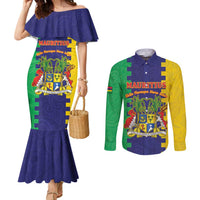 Personalised Mauritius Couples Matching Mermaid Dress and Long Sleeve Button Shirt Coat Of Arms Mix Paisley Pattern