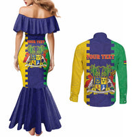 Personalised Mauritius Couples Matching Mermaid Dress and Long Sleeve Button Shirt Coat Of Arms Mix Paisley Pattern