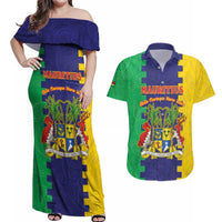 Personalised Mauritius Couples Matching Off Shoulder Maxi Dress and Hawaiian Shirt Coat Of Arms Mix Paisley Pattern