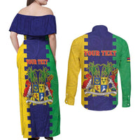 Personalised Mauritius Couples Matching Off Shoulder Maxi Dress and Long Sleeve Button Shirt Coat Of Arms Mix Paisley Pattern