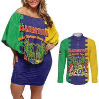 Personalised Mauritius Couples Matching Off Shoulder Short Dress and Long Sleeve Button Shirt Coat Of Arms Mix Paisley Pattern