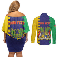 Personalised Mauritius Couples Matching Off Shoulder Short Dress and Long Sleeve Button Shirt Coat Of Arms Mix Paisley Pattern