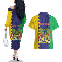 Personalised Mauritius Couples Matching Off The Shoulder Long Sleeve Dress and Hawaiian Shirt Coat Of Arms Mix Paisley Pattern