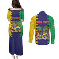 Personalised Mauritius Couples Matching Puletasi and Long Sleeve Button Shirt Coat Of Arms Mix Paisley Pattern