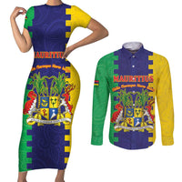 Personalised Mauritius Couples Matching Short Sleeve Bodycon Dress and Long Sleeve Button Shirt Coat Of Arms Mix Paisley Pattern
