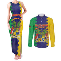 Personalised Mauritius Couples Matching Tank Maxi Dress and Long Sleeve Button Shirt Coat Of Arms Mix Paisley Pattern