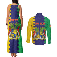 Personalised Mauritius Couples Matching Tank Maxi Dress and Long Sleeve Button Shirt Coat Of Arms Mix Paisley Pattern