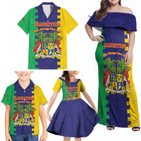 Personalised Mauritius Family Matching Off Shoulder Maxi Dress and Hawaiian Shirt Coat Of Arms Mix Paisley Pattern