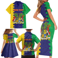 Personalised Mauritius Family Matching Short Sleeve Bodycon Dress and Hawaiian Shirt Coat Of Arms Mix Paisley Pattern