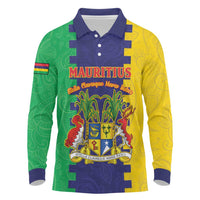 Personalised Mauritius Long Sleeve Polo Shirt Coat Of Arms Mix Paisley Pattern