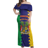 Personalised Mauritius Off Shoulder Maxi Dress Coat Of Arms Mix Paisley Pattern