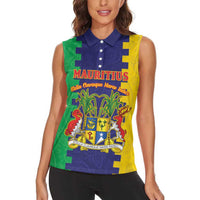 Personalised Mauritius Women Sleeveless Polo Shirt Coat Of Arms Mix Paisley Pattern