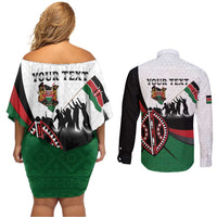 Personalised Happy Kenya Madaraka Day Couples Matching Off Shoulder Short Dress and Long Sleeve Button Shirt Maasai Shield - Kenyan Pattern