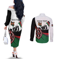 Personalised Happy Kenya Madaraka Day Couples Matching Off The Shoulder Long Sleeve Dress and Long Sleeve Button Shirt Maasai Shield - Kenyan Pattern