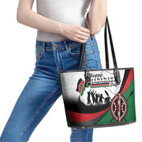 Happy Kenya Madaraka Day Leather Tote Bag Maasai Shield - Kenyan Pattern