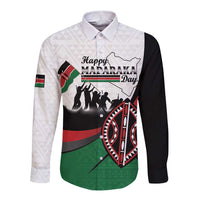 Personalised Happy Kenya Madaraka Day Long Sleeve Button Shirt Maasai Shield - Kenyan Pattern