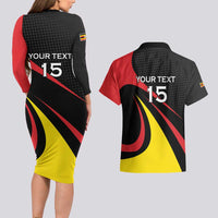 Uganda Rugby Custom Couples Matching Long Sleeve Bodycon Dress and Hawaiian Shirt Black Crowned Crane Mascot - Sporty Style