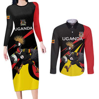 Uganda Rugby Custom Couples Matching Long Sleeve Bodycon Dress and Long Sleeve Button Shirt Black Crowned Crane Mascot - Sporty Style