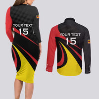 Uganda Rugby Custom Couples Matching Long Sleeve Bodycon Dress and Long Sleeve Button Shirt Black Crowned Crane Mascot - Sporty Style