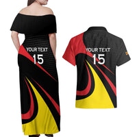 Uganda Rugby Custom Couples Matching Off Shoulder Maxi Dress and Hawaiian Shirt Black Crowned Crane Mascot - Sporty Style