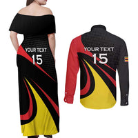 Uganda Rugby Custom Couples Matching Off Shoulder Maxi Dress and Long Sleeve Button Shirt Black Crowned Crane Mascot - Sporty Style