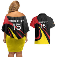 Uganda Rugby Custom Couples Matching Off Shoulder Short Dress and Hawaiian Shirt Black Crowned Crane Mascot - Sporty Style