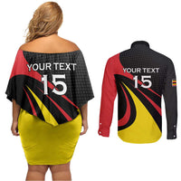 Uganda Rugby Custom Couples Matching Off Shoulder Short Dress and Long Sleeve Button Shirt Black Crowned Crane Mascot - Sporty Style