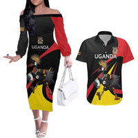 Uganda Rugby Custom Couples Matching Off The Shoulder Long Sleeve Dress and Hawaiian Shirt Black Crowned Crane Mascot - Sporty Style