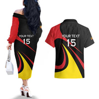 Uganda Rugby Custom Couples Matching Off The Shoulder Long Sleeve Dress and Hawaiian Shirt Black Crowned Crane Mascot - Sporty Style