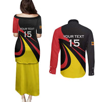 Uganda Rugby Custom Couples Matching Puletasi and Long Sleeve Button Shirt Black Crowned Crane Mascot - Sporty Style