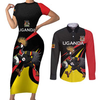 Uganda Rugby Custom Couples Matching Short Sleeve Bodycon Dress and Long Sleeve Button Shirt Black Crowned Crane Mascot - Sporty Style