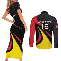 Uganda Rugby Custom Couples Matching Short Sleeve Bodycon Dress and Long Sleeve Button Shirt Black Crowned Crane Mascot - Sporty Style