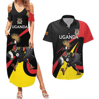 Uganda Rugby Custom Couples Matching Summer Maxi Dress and Hawaiian Shirt Black Crowned Crane Mascot - Sporty Style