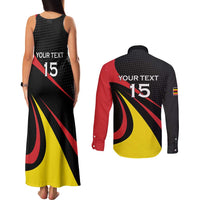 Uganda Rugby Custom Couples Matching Tank Maxi Dress and Long Sleeve Button Shirt Black Crowned Crane Mascot - Sporty Style