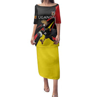 Uganda Rugby Custom Family Matching Puletasi and Hawaiian Shirt Black Crowned Crane Mascot - Sporty Style