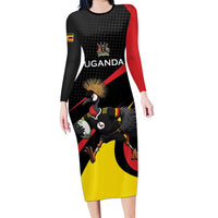 Uganda Rugby Custom Long Sleeve Bodycon Dress Black Crowned Crane Mascot - Sporty Style