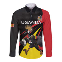 Uganda Rugby Custom Long Sleeve Button Shirt Black Crowned Crane Mascot - Sporty Style