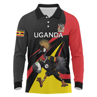 Uganda Rugby Custom Long Sleeve Polo Shirt Black Crowned Crane Mascot - Sporty Style