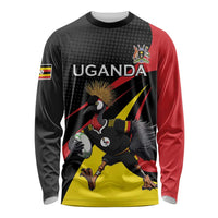 Uganda Rugby Custom Long Sleeve Shirt Black Crowned Crane Mascot - Sporty Style
